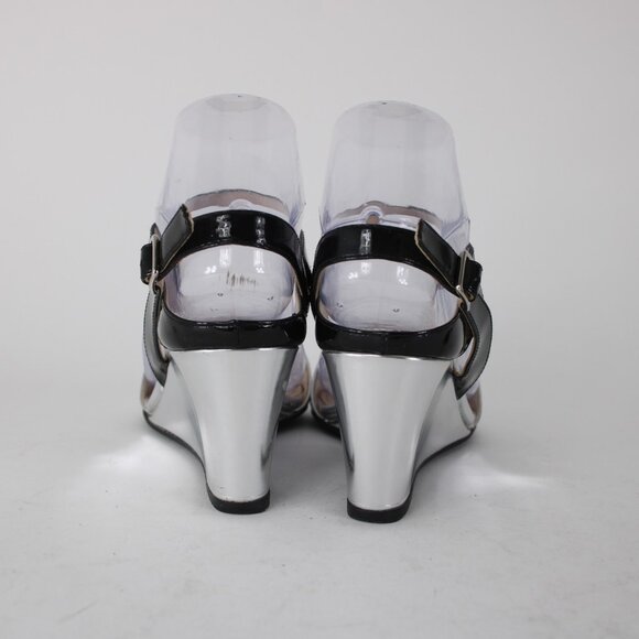 Prada Wedge Heel Sz 35.5 Silver Black Ankle Strap Adjustable Leather 2.5" Heel - Picture 4 of 12